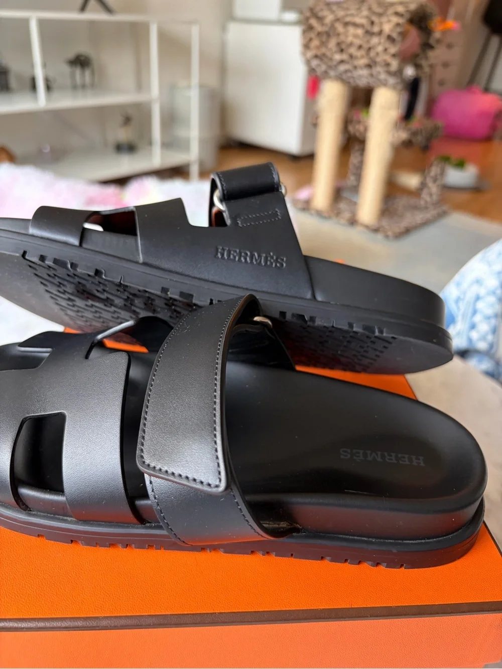 Hermès Black Leather Chypre Sandals